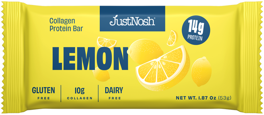 JustNosh lemon protein bar packaging on a white background