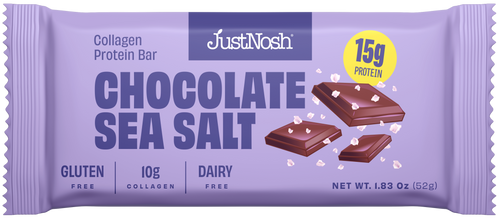 JustNosh Chocolate Sea Salt protein bar packaging on a white background