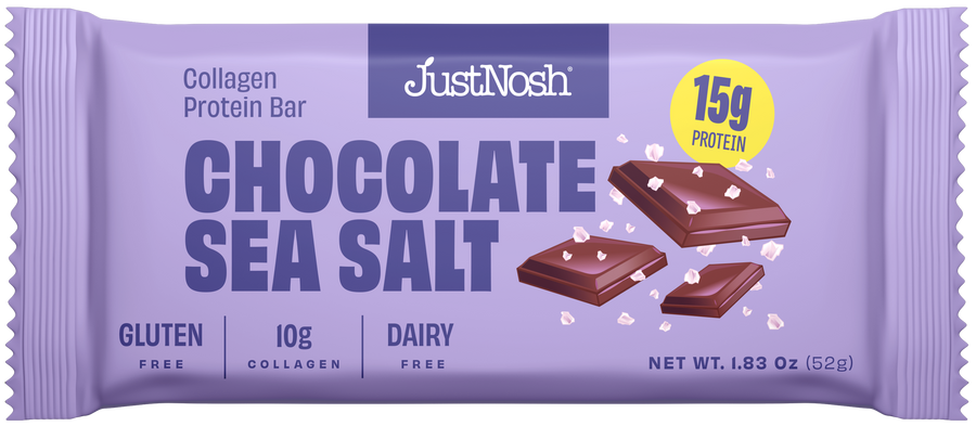 JustNosh Chocolate Sea Salt protein bar packaging on a white background