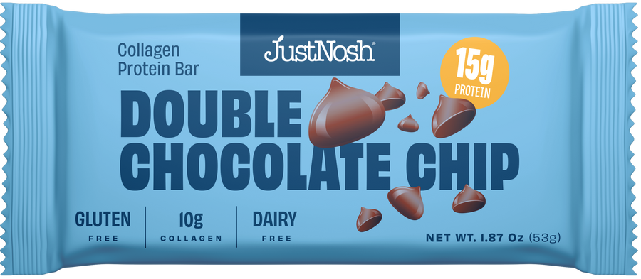 JustNosh Double Chocolate Chip protein bar packaging on a white background