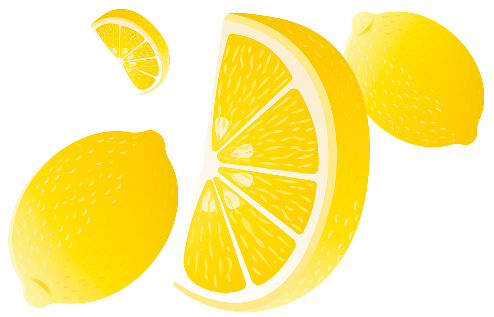 Illustration of lemons in various stages of being cut on a white background